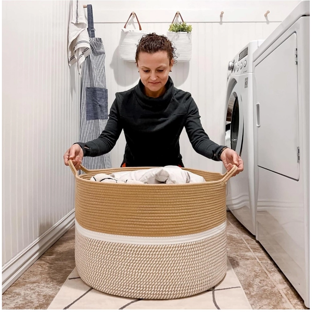 Cotton Dori 16x14 Inch Storage Basket For Clothes (Beige-Beige White)