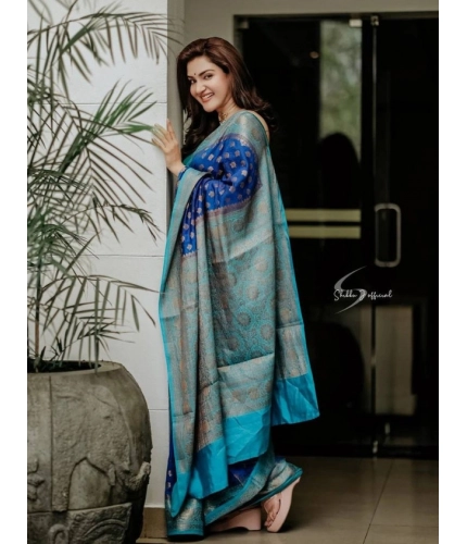 Women's Litchi silk Printed Saree With Unstitched Blouse (Navy Blue) Women's Litchi silk Printed Saree With Unstitched Blouse (Navy Blue)