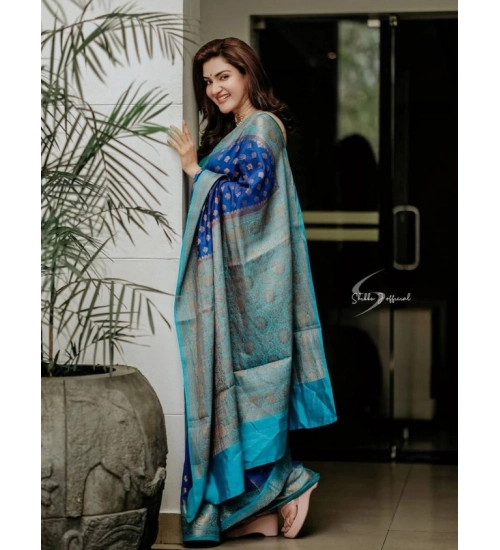 Women's Litchi silk Printed Saree With Unstitched Blouse (Navy Blue)