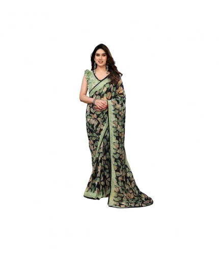 Women's Chiffon Printed Saree With Unstitched Blouse 5.5Mtr (Green)