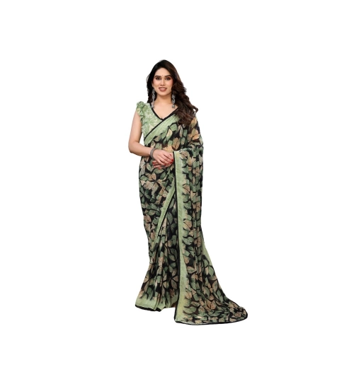 Women's Chiffon Printed Saree With Unstitched Blouse 5.5Mtr (Green)
