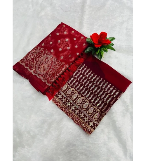 Women's Embroidered Georgette Saree With Unstitched Blouse (Red, 5-6 Mtrs)