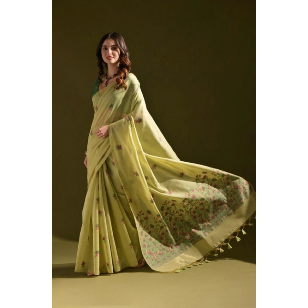 Women's Blended_Cotton Floral Saree With Unstitched Blouse 5.5Mtr (Light_Green) Women's Blended_Cotton Floral Saree With Unstitched Blouse 5.5Mtr (Light_Green)