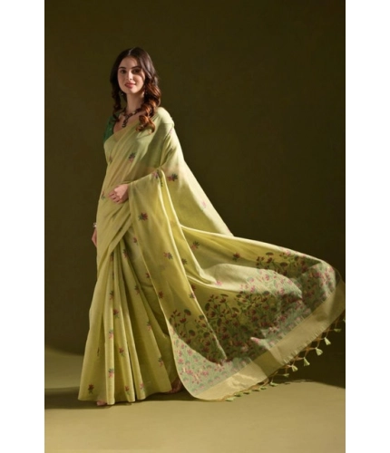 Women's Blended_Cotton Floral Saree With Unstitched Blouse 5.5Mtr (Light_Green)