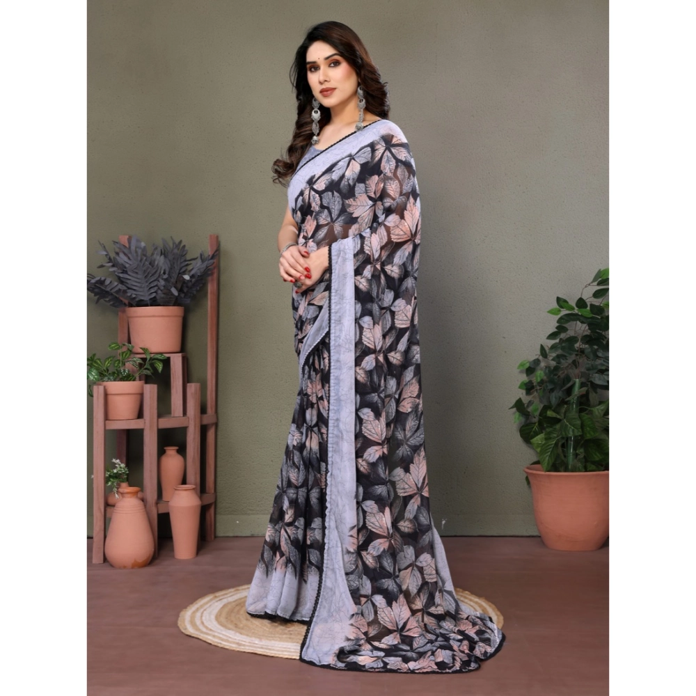 Women's Chiffon Printed Saree With Unstitched Blouse 5.5Mtr (Grey)