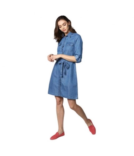 Women's Denim Solid Roll Up Sleeve Dress (Blue)