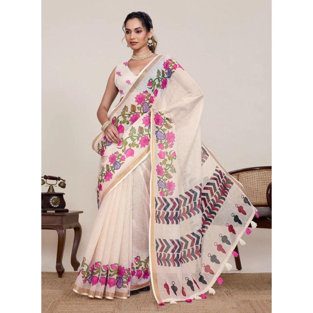 Women's Linen Floral Printed Saree With Unstitched Blouse 5.5Mtr (Cream) Women's Linen Floral Printed Saree With Unstitched Blouse 5.5Mtr (Cream)