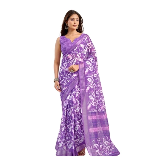 Women's Linen Cotton Printed Ready To Wear Saree With Unstitched Blouse 5.5 Mtr (Purple)