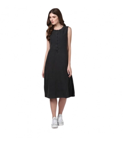 Women's Denim Solid Sleeveless Dress (Black)
