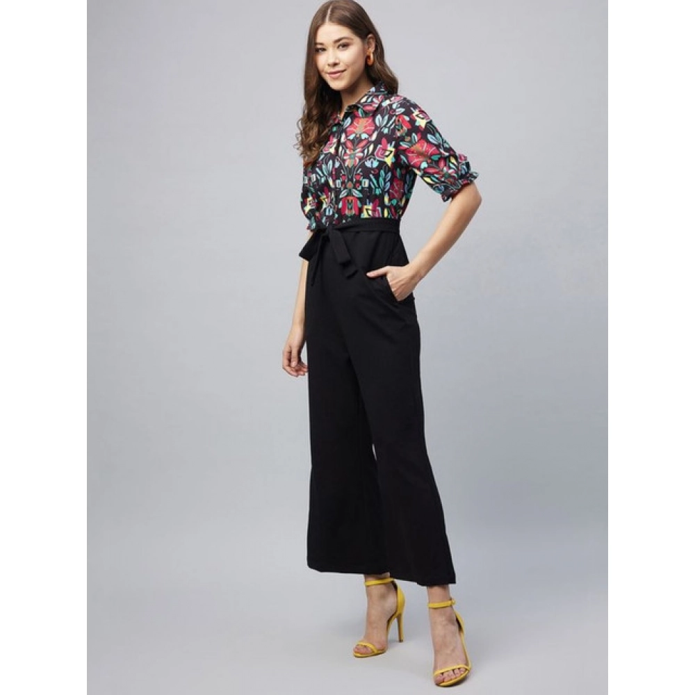 Women's Polyester Floral Short Sleeve Jumpsuit (Multicolor)