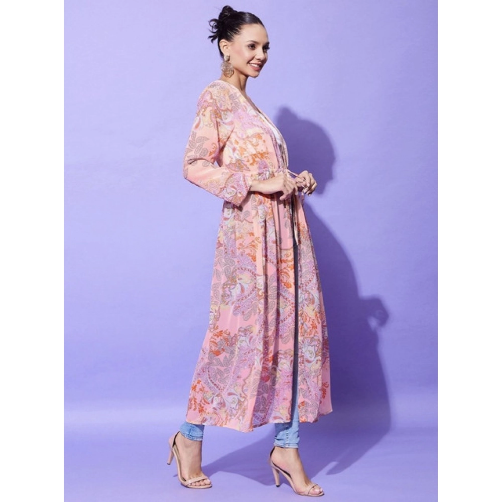 Women's Polyester Floral Long Sleeves Shrug (Peach)