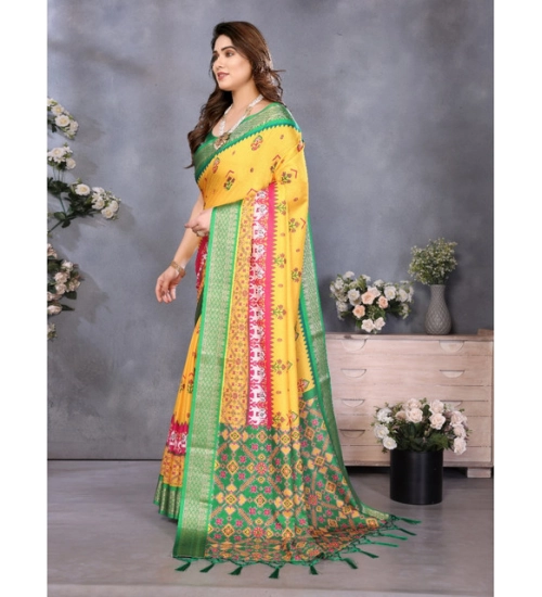 Women's Cotton Silk Printed Saree With Unstitched Blouse 5.5Mtr (Yellow) Women's Cotton Silk Printed Saree With Unstitched Blouse 5.5Mtr (Yellow)