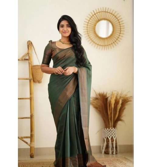 Women's Litchi silk Printed Saree With Unstitched Blouse (Green)