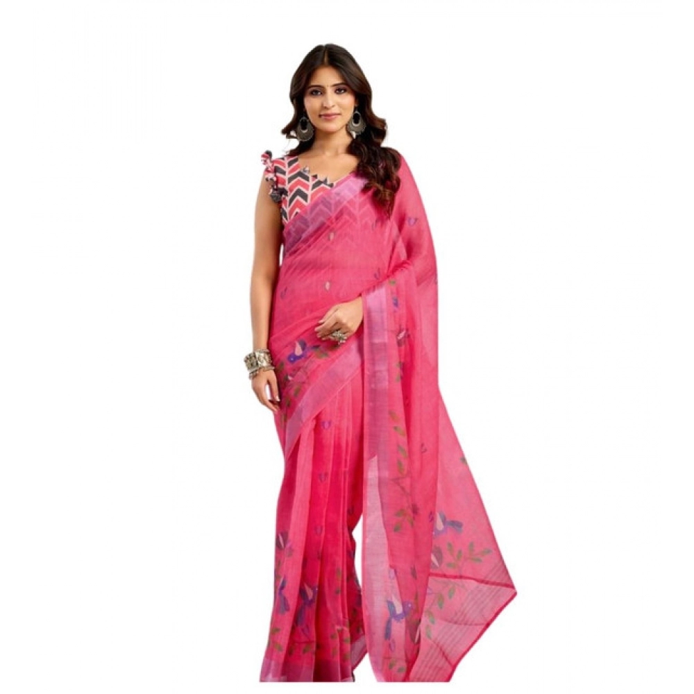 Women's Linen Cotton Printed Ready To Wear Saree With Unstitched Blouse 5.5 Mtr (Pink)