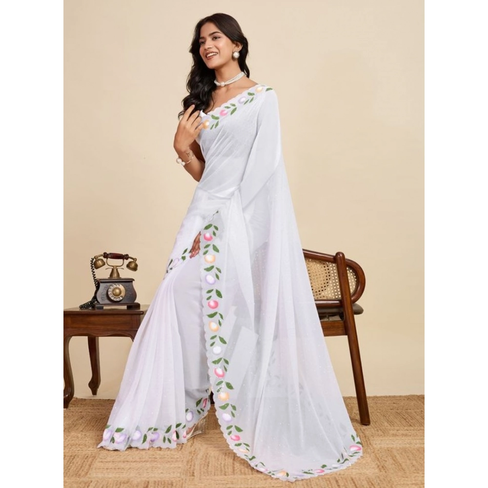 Women's Georgette Printed Saree With Unstitched Blouse 5.5Mtr (White)