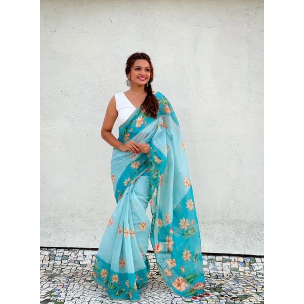 Women's Linen Printed Saree With Unstitched Blouse 5.5Mtr (Aqua)
