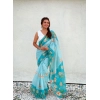 Women's Linen Printed Saree With Unstitched Blouse 5.5Mtr (Aqua)