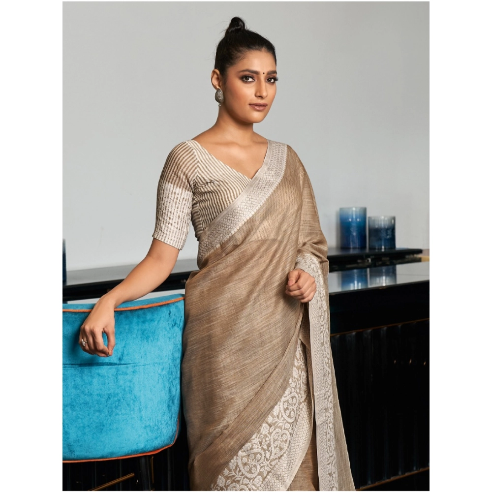 Women's Linen Printed Saree With Unstitched Blouse 5.5Mtr (Beige) Women's Linen Printed Saree With Unstitched Blouse 5.5Mtr (Beige)