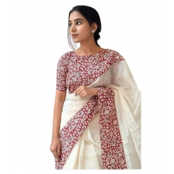 Women's Linen Printed Saree With Unstitched Blouse 5.5Mtr (White)