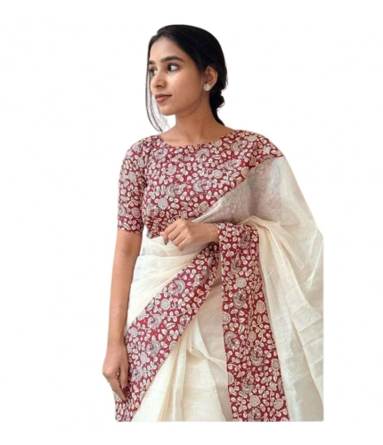Women's Linen Printed Saree With Unstitched Blouse 5.5Mtr (White)