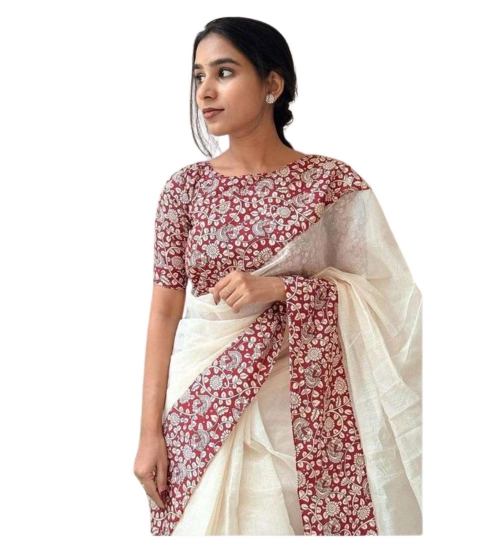 Women's Linen Printed Saree With Unstitched Blouse 5.5Mtr (White)