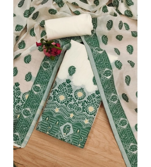 Women's Banarasi Silk Printed Unstitched Salwar Suit Material With Dupatta (Bottle Green, 3Mtrs)