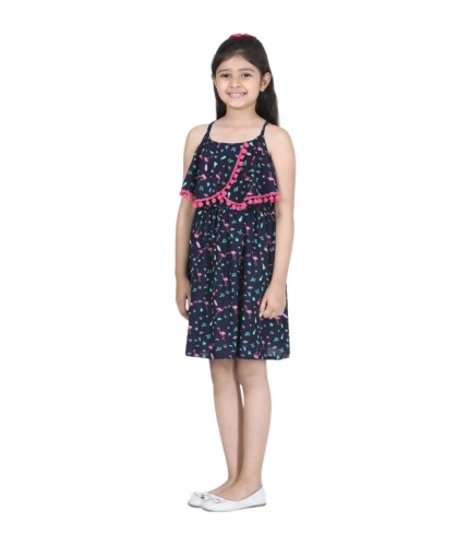Girl's Rayon Flamingo Print Sleeveless Dress (Black)