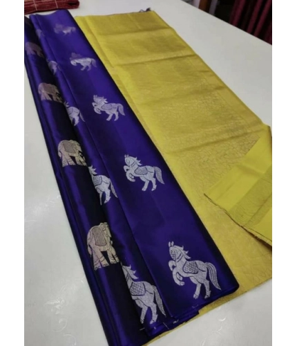 Women's Litchi silk Printed Saree With Unstitched Blouse (Navy Blue With Yellow)