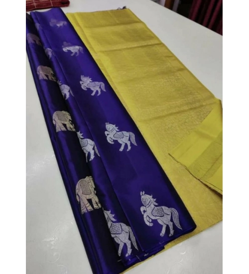 Women's Litchi silk Printed Saree With Unstitched Blouse (Navy Blue With Yellow)