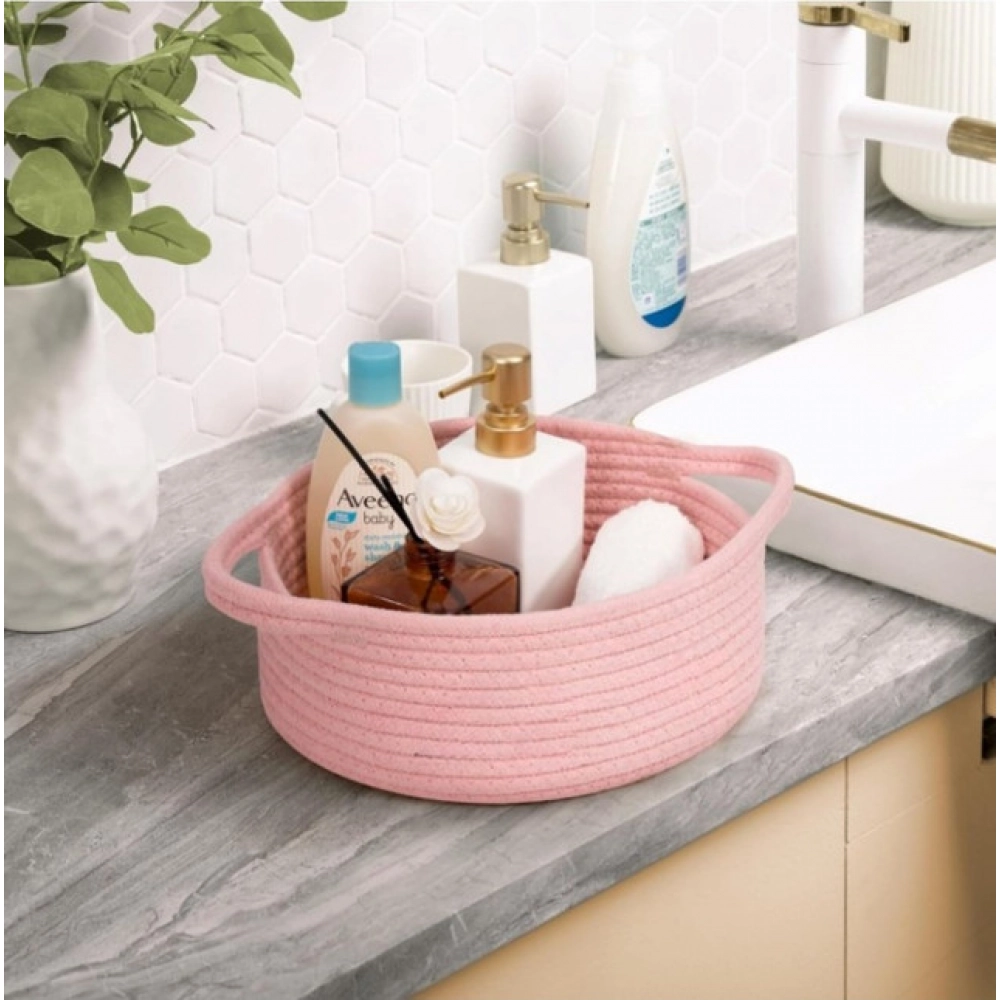 Cotton 8x3 Inch Round Bedside Organizer (Pink)
