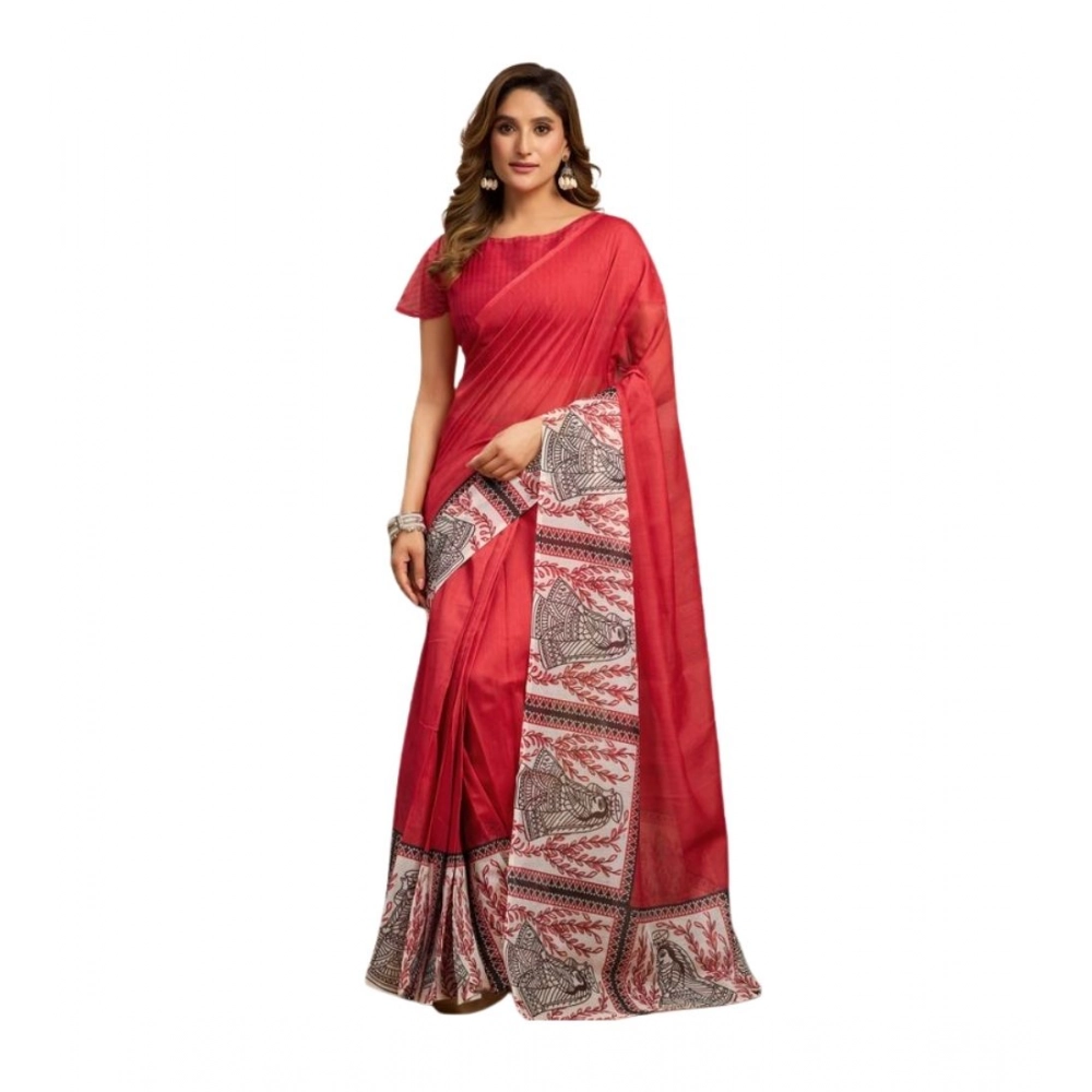 Women's Linen Cotton Printed Ready To Wear Saree With Unstitched Blouse 5.5 Mtr (Red)