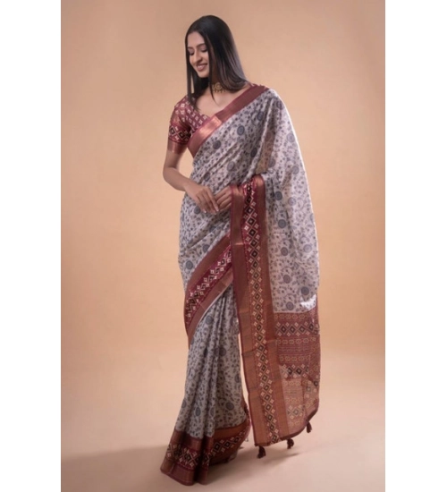 Women's Polyester Printed Saree With Unstitched Blouse 5.5 Mtr (Off-White)