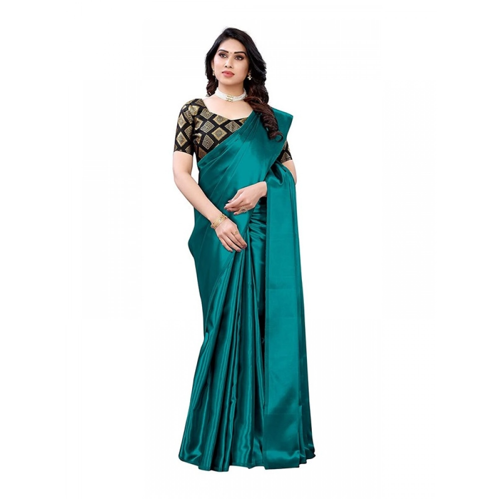 Women's Satin Printed Saree With Unstitched Blouse 5.5Mtr (Teal)