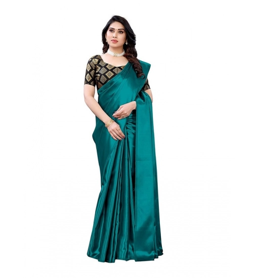 Women's Satin Printed Saree With Unstitched Blouse 5.5Mtr (Teal)