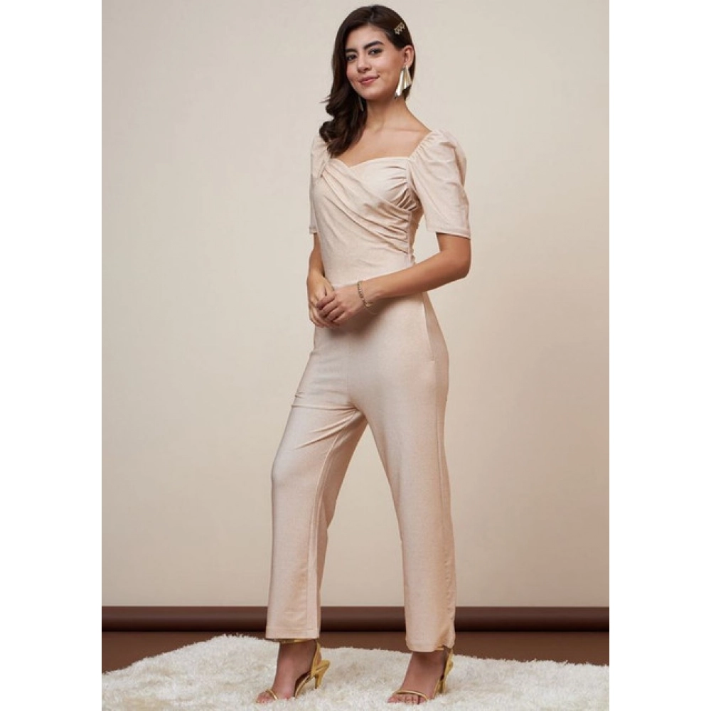 Women's Polyester Shimmer Self Design Short Sleeve Jumpsuit (Gold)