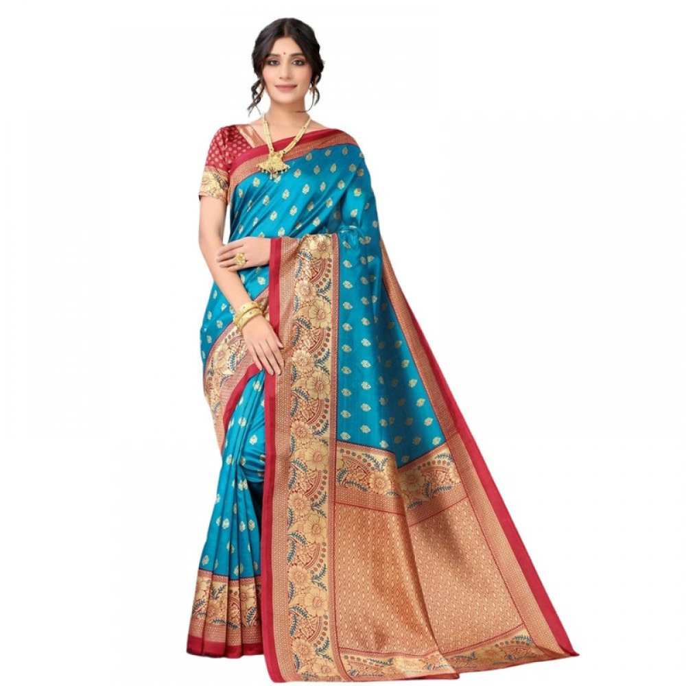 Women's Litchi silk Printed Saree With Unstitched Blouse 5-6 Mtrs (Blue) Women's Litchi silk Printed Saree With Unstitched Blouse 5-6 Mtrs (Blue)