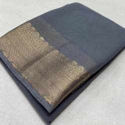 Women's Crepe Chit Pallu Solid Saree With Unstitched Blouse 5.5Mtr (Grey)