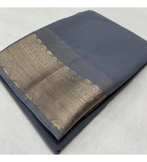 Women's Crepe Chit Pallu Solid Saree With Unstitched Blouse 5.5Mtr (Grey)