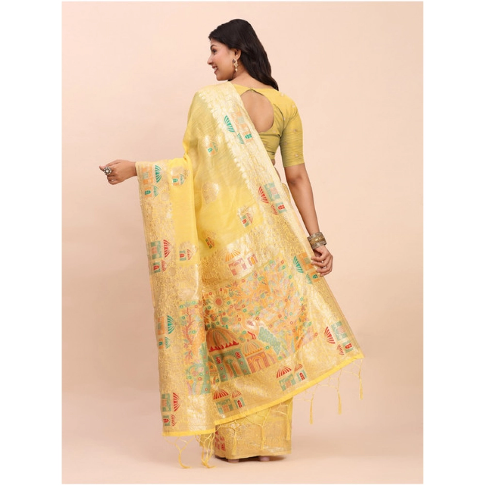 Women's Linen Cotton Printed Saree With Unstitched Blouse 5.5Mtr (Yellow) Women's Linen Cotton Printed Saree With Unstitched Blouse 5.5Mtr (Yellow)
