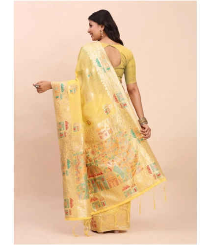 Women's Linen Cotton Printed Saree With Unstitched Blouse 5.5Mtr (Yellow) Women's Linen Cotton Printed Saree With Unstitched Blouse 5.5Mtr (Yellow)