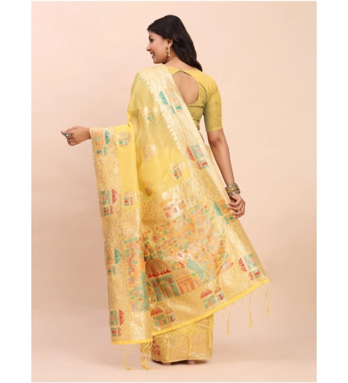 Women's Linen Cotton Printed Saree With Unstitched Blouse 5.5Mtr (Yellow) Women's Linen Cotton Printed Saree With Unstitched Blouse 5.5Mtr (Yellow)