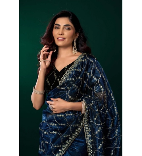 Women's Net Sequence Saree With Unstitched Blouse 5.5Mtr (Blue)