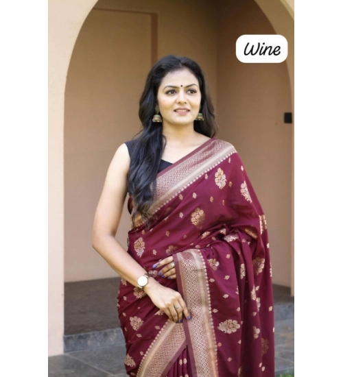 Women's Soft Lichi Silk Printed Saree With Unstitched Blouse 5.5Mtr (Wine)
