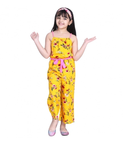 Girl's Polyester Crepe Floral Shoulder Straps Jumpsuit (Yellow-Pink)