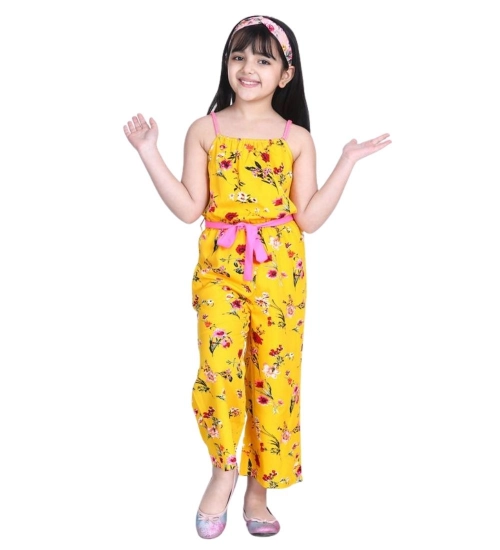 Girl's Polyester Crepe Floral Shoulder Straps Jumpsuit (Yellow-Pink)