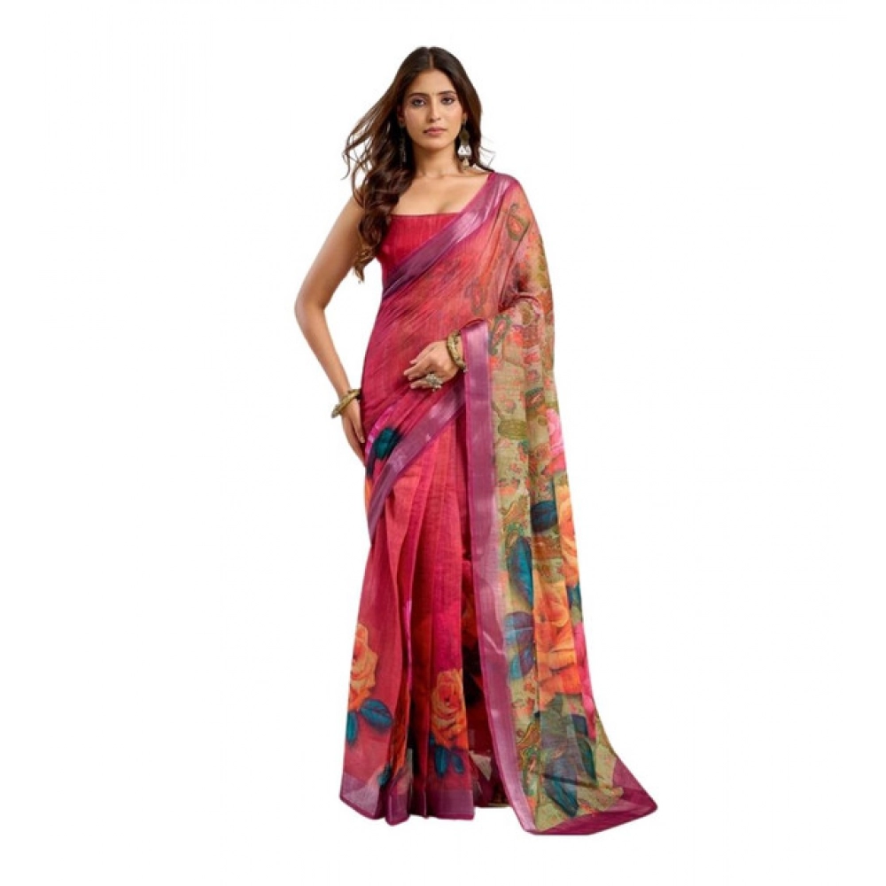 Women's Linen Cotton Printed Ready To Wear Saree With Unstitched Blouse 5.5 Mtr (Pink)