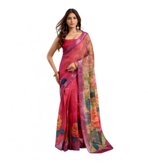 Women's Linen Cotton Printed Ready To Wear Saree With Unstitched Blouse 5.5 Mtr (Pink)