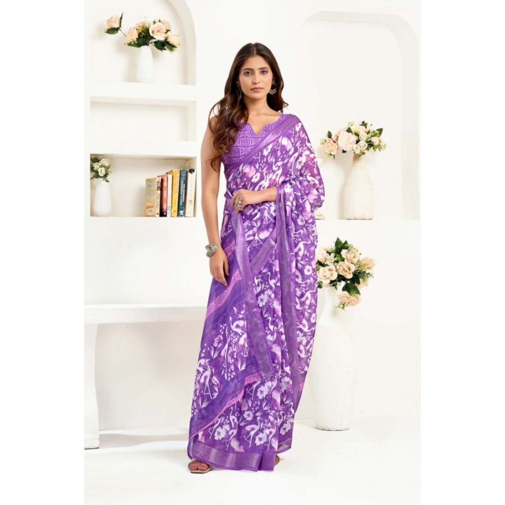 Women's Linen Cotton Printed Ready To Wear Saree With Unstitched Blouse 5.5 Mtr (Purple)