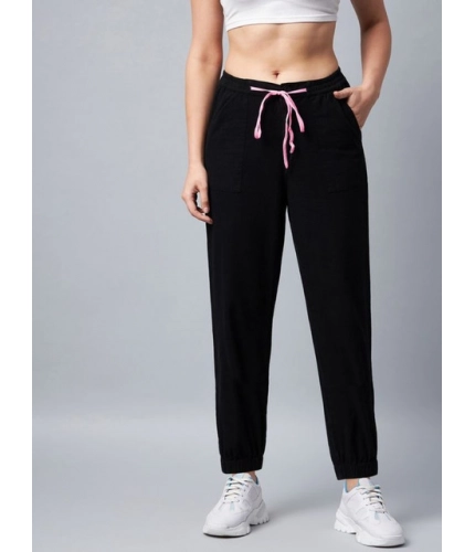 Women's Cotton Twill Solid Elasticated Trousers (Black)