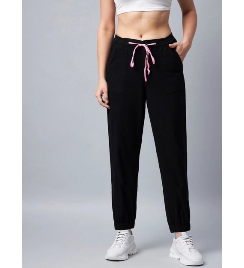 Women's Cotton Twill Solid Elasticated Trousers (Black)